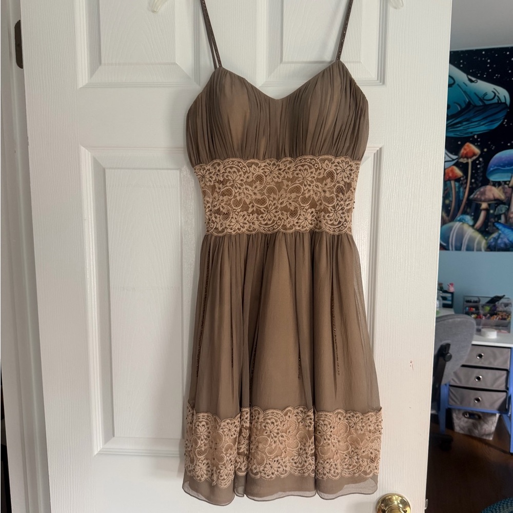 Spaghetti Strap Lace-Trim Brown Dress